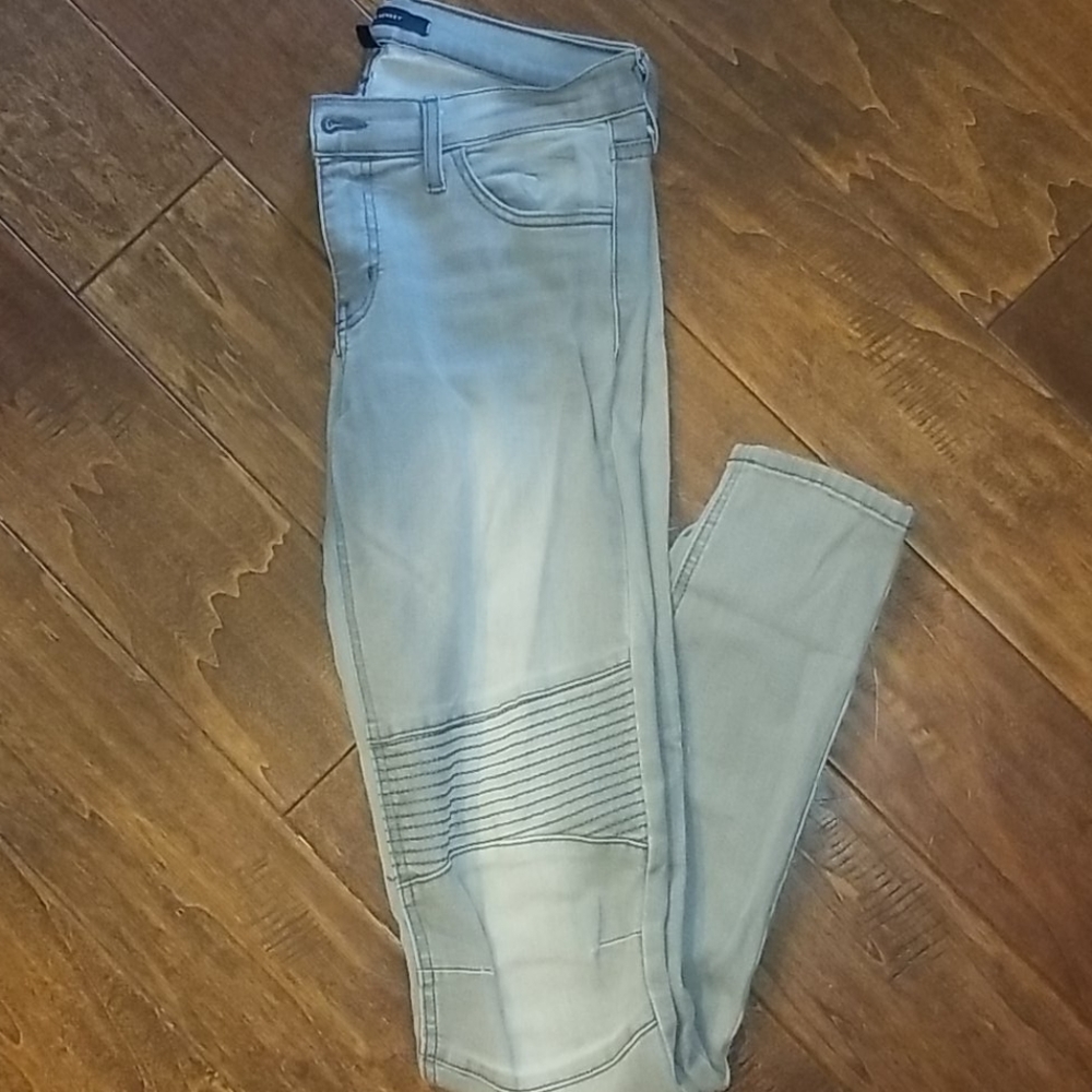 Grey stone wash moto jeans